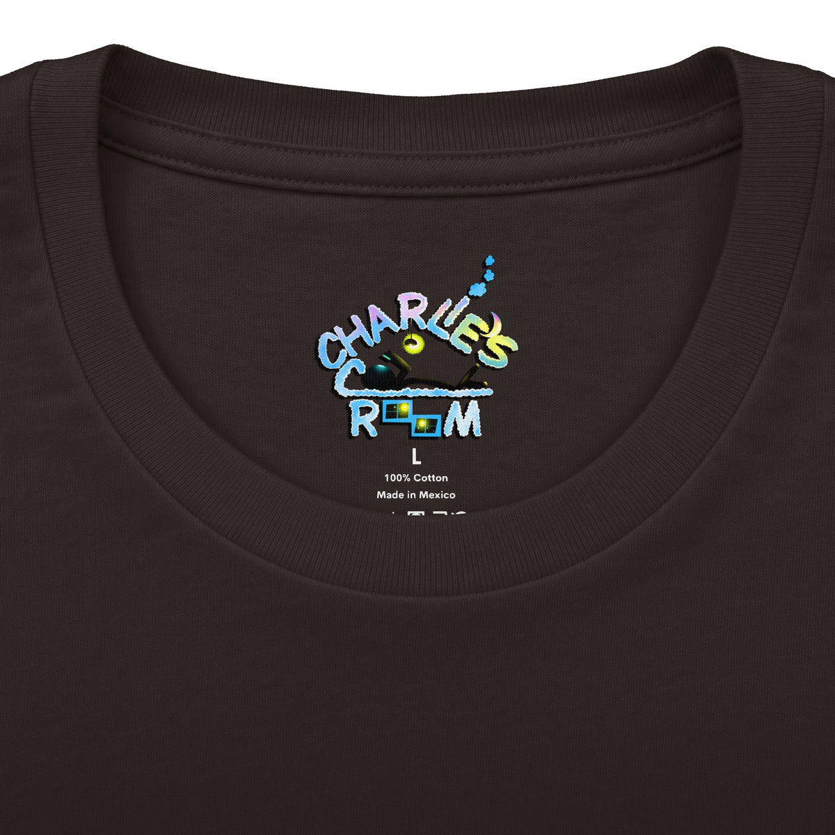 Close-up of a dark brown crewneck t-shirt showing the inner neck print with the Charlie's Cozy Room brand logo and size indicator.