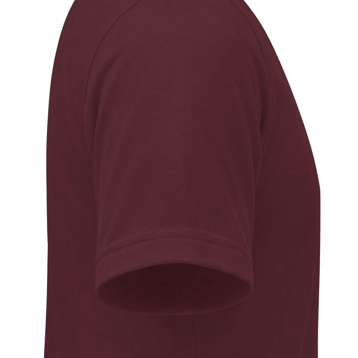 Close-up side view of a short-sleeve crew-neck t-shirt in a maroon color, showing the shoulder seam and ribbed sleeve cuff against a plain white background.